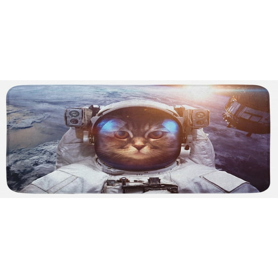 Space Cat Kitchen Mat, Astrounaut Cosmonaut Cat in Suit with Space Satellite Eclipse Image, Plush Decorative Kitchen Mat with Non Slip Backing, 47" X 19", Blue Grey and White, by Ambesonne