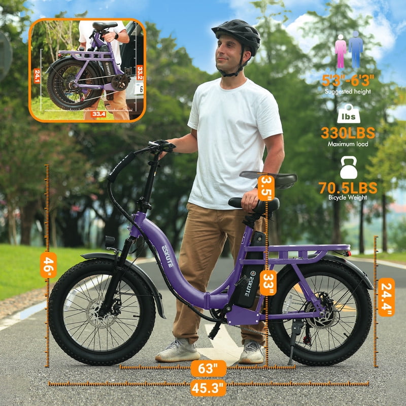 ESKUTE D200 Electric Bike for Adults Teens Students, 750W Peak Motor 28 Mph, 48V 10.4Ah Battery Up to 55 Miles, with 7‑Speed Step‑Through Cargo Fold E Bicycle, NFC Unlock, Purple with Lock, UL2849