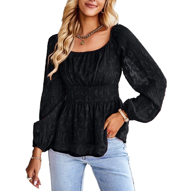 Camisetas de manga larga para mujer, elegantes, transpirables, informales, con cuello redondo, camisas tipo túnica para el trabajo, fiesta, citas, negro L