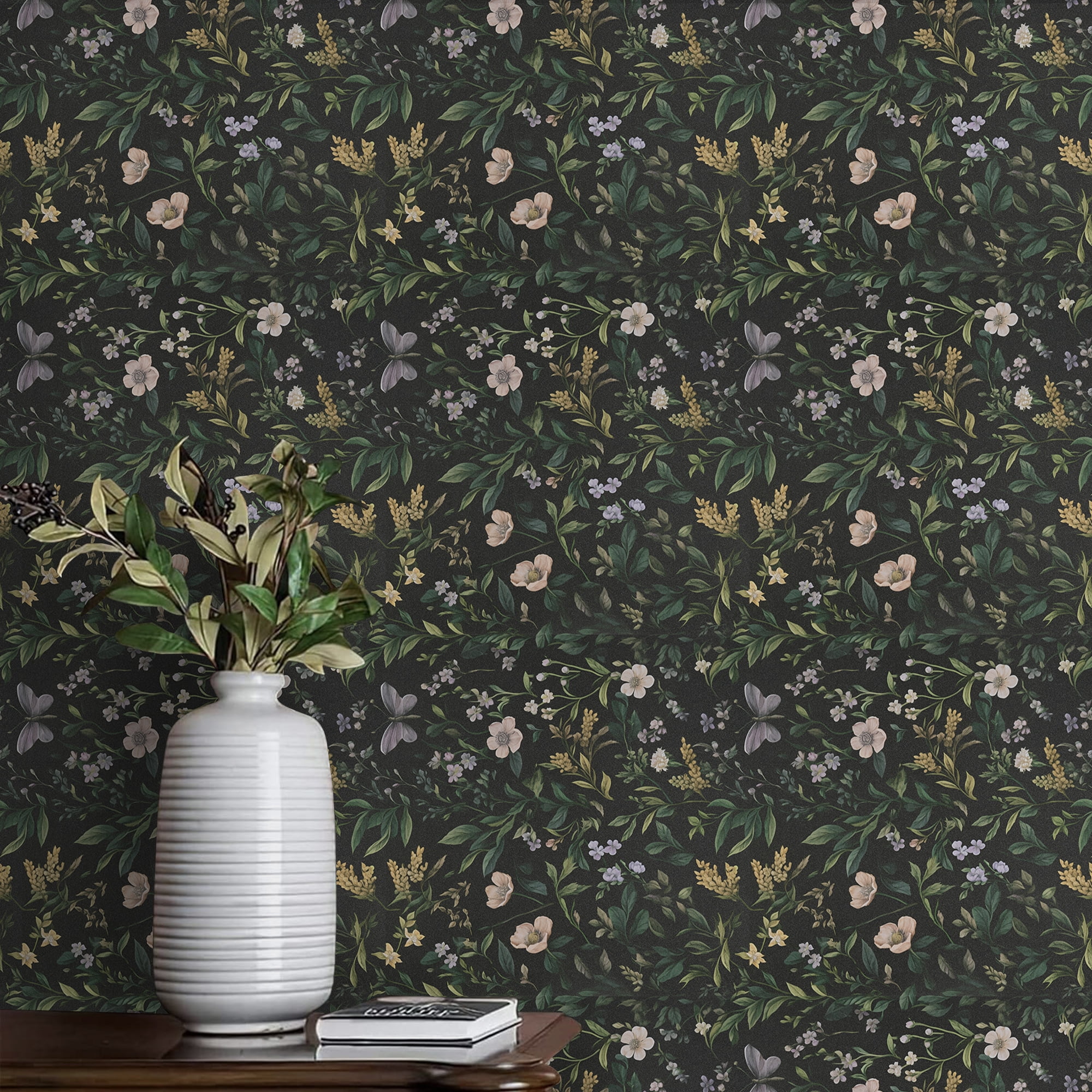 Abyssaly Floral Peel and Stick Wallpaper Self Adhesive Removable Flower Wall Paper 17.3"× 236" / 1 Roll Green Vintage Vinly Contact Paper Waterproof