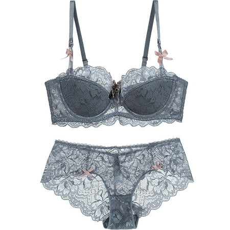 Lace Bras for Women See Through Underwire Embroidered Mesh Sheer Lingerie Full Coverage Push Up Panty Bra Gray 2 M