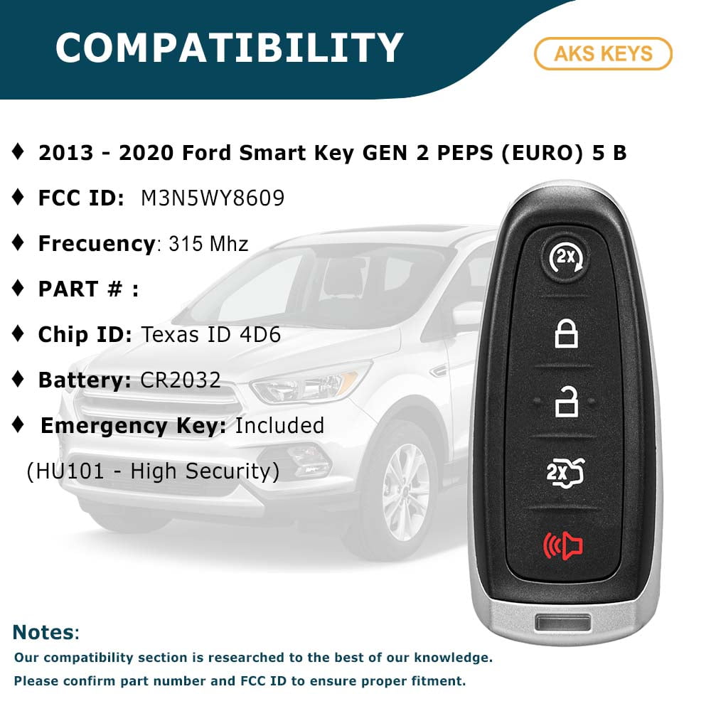 AKS Keys Ford Smart Key Gen2 PEPS 5-Button FCC M3N5WY8609 – Replacement Smart Key Fob for Select 2013–2020 Ford C-MAX, Escape, Focus, Maverick (Euro), 315 MHz