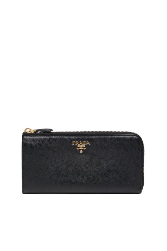 Pre-Owned Prada logo long wallet in black Saffiano leather for women. (Good)