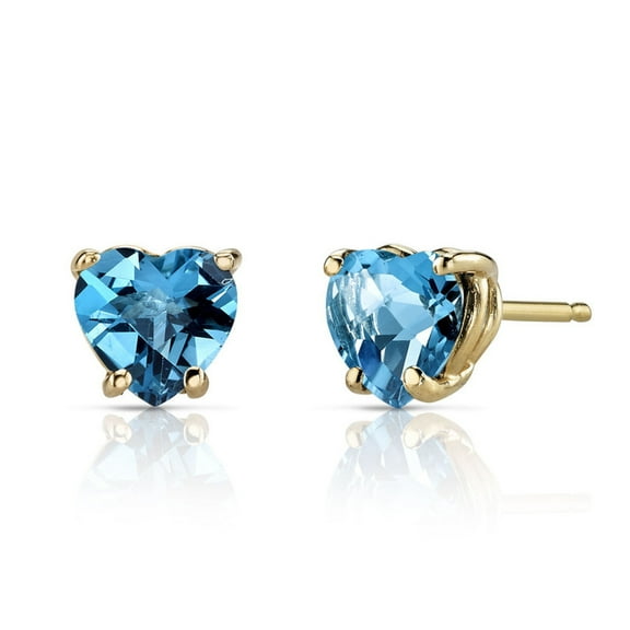 14k Yellow Gold Plated Over Sterling Silver 4 Carat Heart Created Blue Topaz Sapphire Stud Earrings