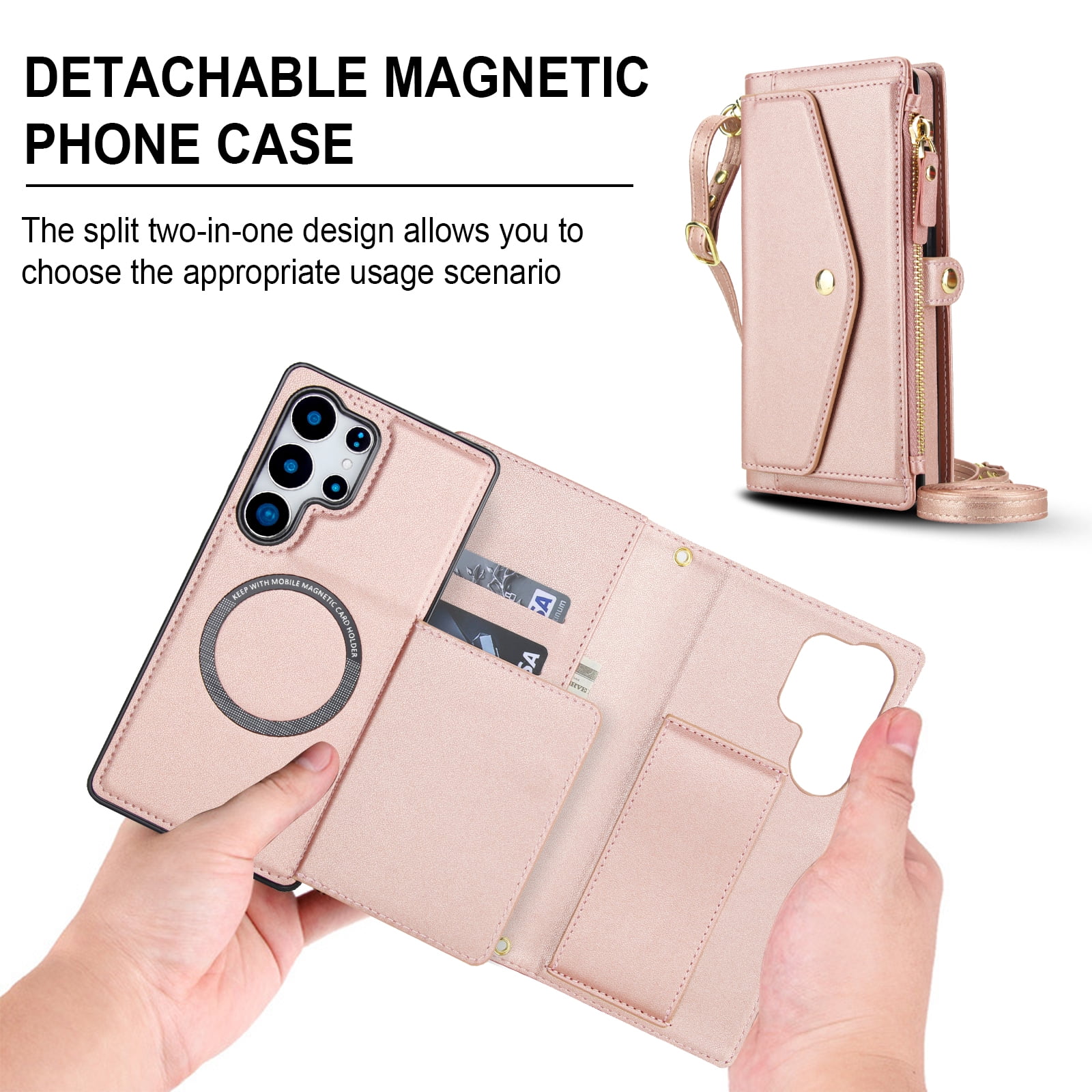 Designed for Samsung Galaxy S25 Ultra Multi-Function Wallet Phone Case,With Shoulder Strap&Wrist Strap,Cash Pocket&Card Slots,Zipper Purse,Magnetic Detachable PU Leather Flip Phone Case,Rosegold