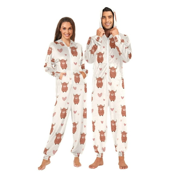 Adult Christmas Onesie Loving Highland Cattle Adult Zipper One-Piece Pajamas Unisex Pajamas with Pockets