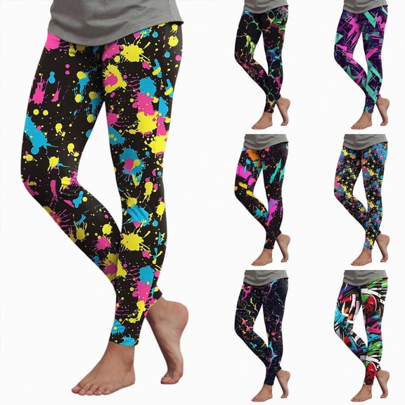 COMVALUE Women's Leggings - Full Length Bright and Neon Paint Splatter, Rainbow, and Patterened Leggings for Women Green Size XL