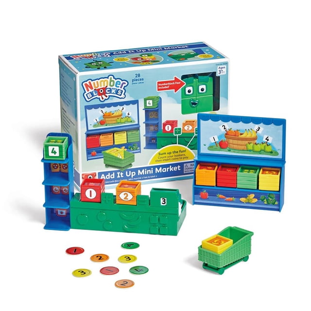 playset hand2mind numberblocks add it up mini market para niños de 3 a 5 años juego de tienda con mostrador de pago verde y pantalla ilustrada, caja registradora, carrito de compras verde, 8 cestas apilables, 16 monedas redondas de colores y figuras de números para practicar conteo y sumas; también útil para actividades de conteo en el aula.