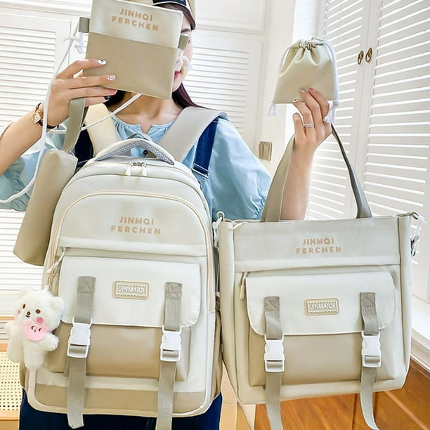 Conjunto de mochilas escolares Mochila para mochila escolar Bolso de lapiz Bolso Mochila Mochila de lona Mochila de estudiante para adolescentes Ninos Ninos de escuela Beige Yinane Mochila para ninas ...