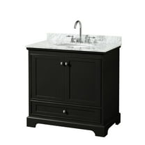 HomeStock Old World Charm 36 Inch Single Bathroom Vanity in Dark Espresso, White Carrara Marble Countertop, Undermount Oval Sink, and No Mirror