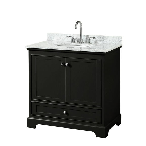 HomeStock Old World Charm 36 Inch Single Bathroom Vanity in Dark Espresso, White Carrara Marble Countertop, Undermount Oval Sink, and No Mirror