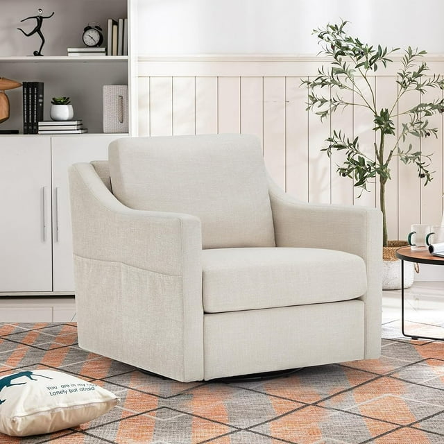 YODOLLA Swivel Armchair, Nursery Fabric Accent Chair,360° Rotating Metal Base, Beige
