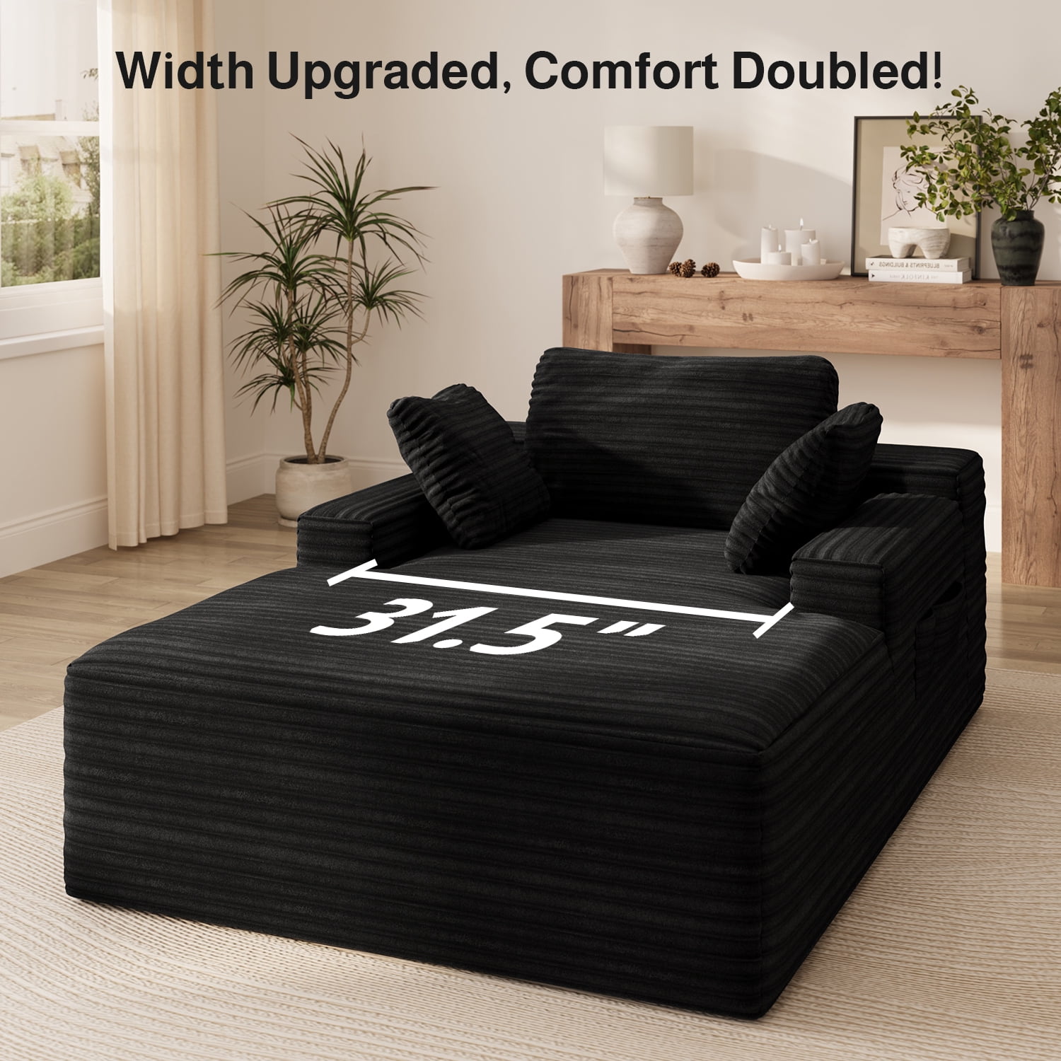 Lofka 47'' Oversized Chaise Lounge Chair Indoor, No Assembly Required, Sleeper Couch Fluffy Plush Corduroy Cloud Sofas Couches for Living Room, Black