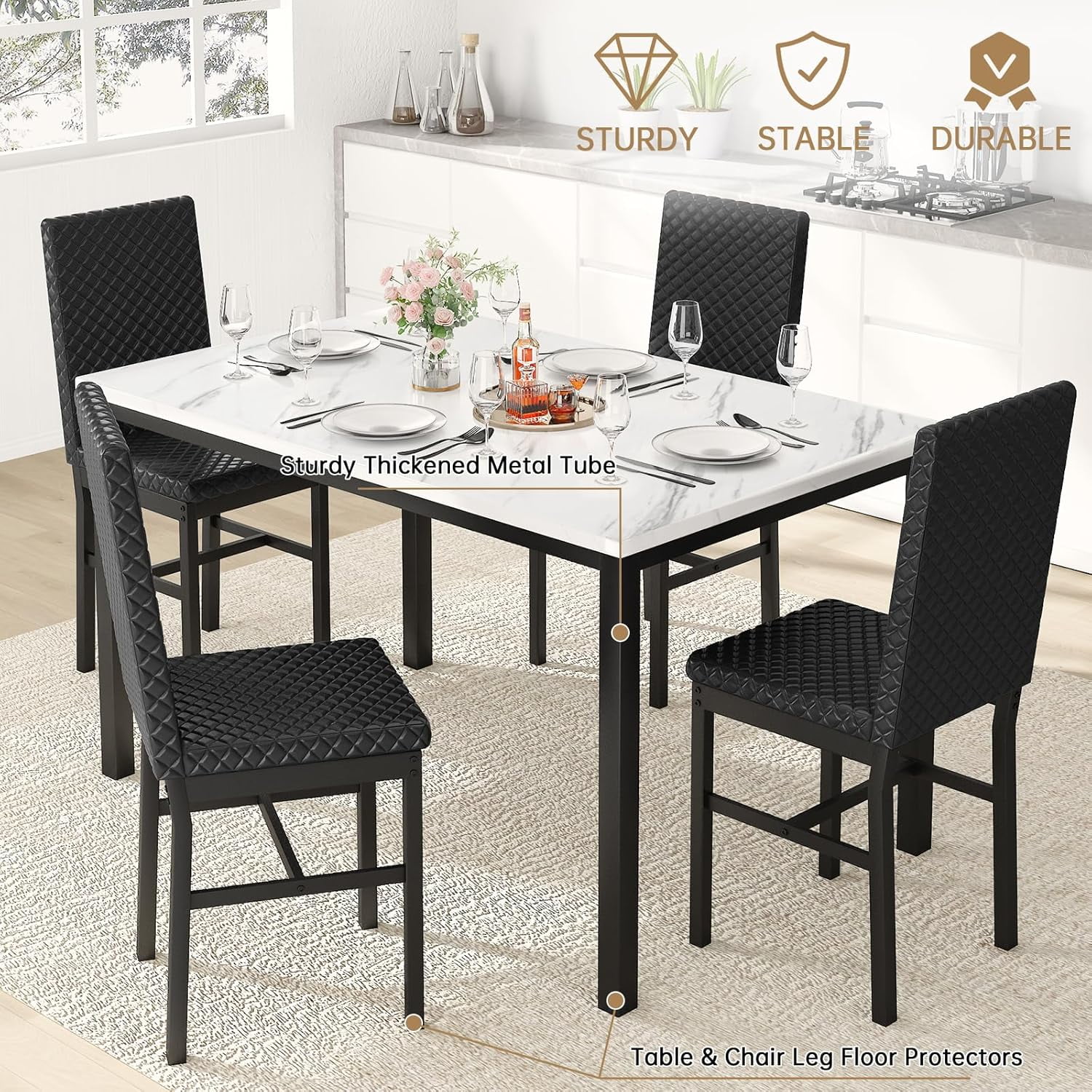 Baxluxe Dining Table Set for 4, Modern 5 Piece Dining Table Set, Faux Marble Kitchen Table and 4 Velvet Upholstered Chairs for Apartments, Dining Rooms, Small Spaces, White/Black