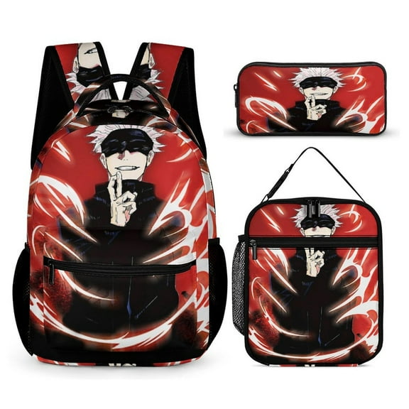 Jujutsu Backpack Kaisen Gojo 17 Inch 3 Piece Set with Insulated Lunch Bag and Pencil Case, Bookbag Laptop Backpack Cartoon Durable Lightweight Casual Backpack