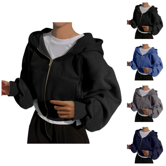 Cropped Hoodies for Women 2025 Long Sleeve Zip Up Cropped Loose Hoodie with Pockets Hooded Sweatshirt Women Jacket