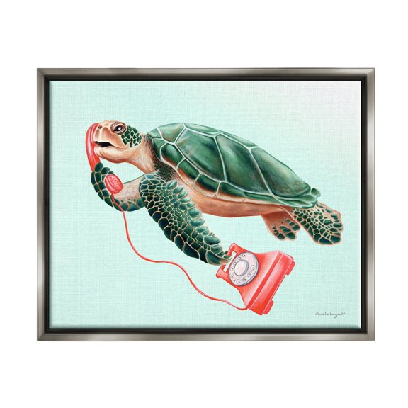 Stupell Industries Green Sea Turtle Swimming Red Rotary Telephone Graphic Art Luster Gray Floating Framed Canvas Print Wall Art, Design by Amelie Legault