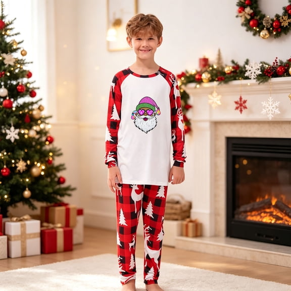 JOANKDMI Kids Matching Pajama Sets Holiday Sleepwear Boys Pajama Set Long Sleeve Top and Plaid Pants with Cool Santa Claus Graphic Christmas,2Y-14Y