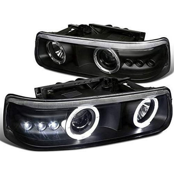 LED Halo Projector Headlight In Matte Black Housing Clear Lens Made For And Compatible With 1999 - 2002 Chevrolet Chevy Silverado 00-06 Suburban Tahoe