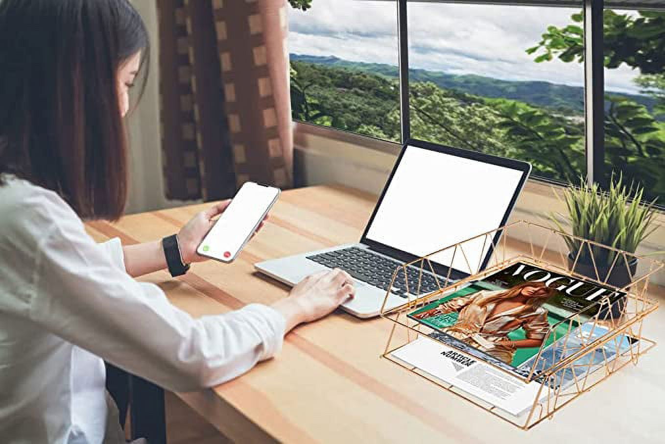 2 Pack of Gold Stackable Wire Desk Trays with Brass Finish, Paper Tray Organizer for Desk, Multifunctional File Document Holder and Storage for Office Desktop Organization and Accessories