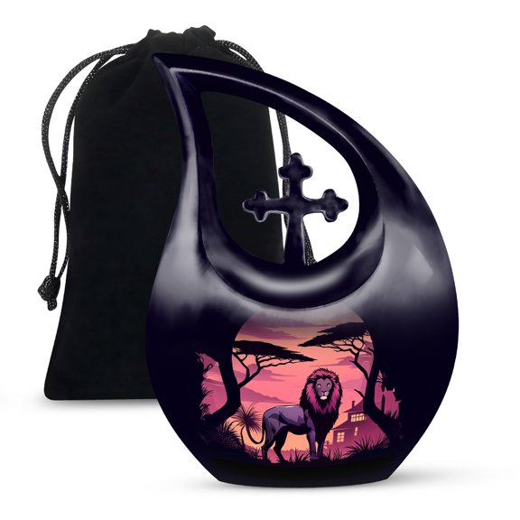 MUKTIVE Lion Funeral Urns for Adult Ashes Men and Women - Forest Large Cross Drop Urns for Human Ashes Adult Man - Black Decorative Urn for Burial with Velvet Bag, 10 Inch