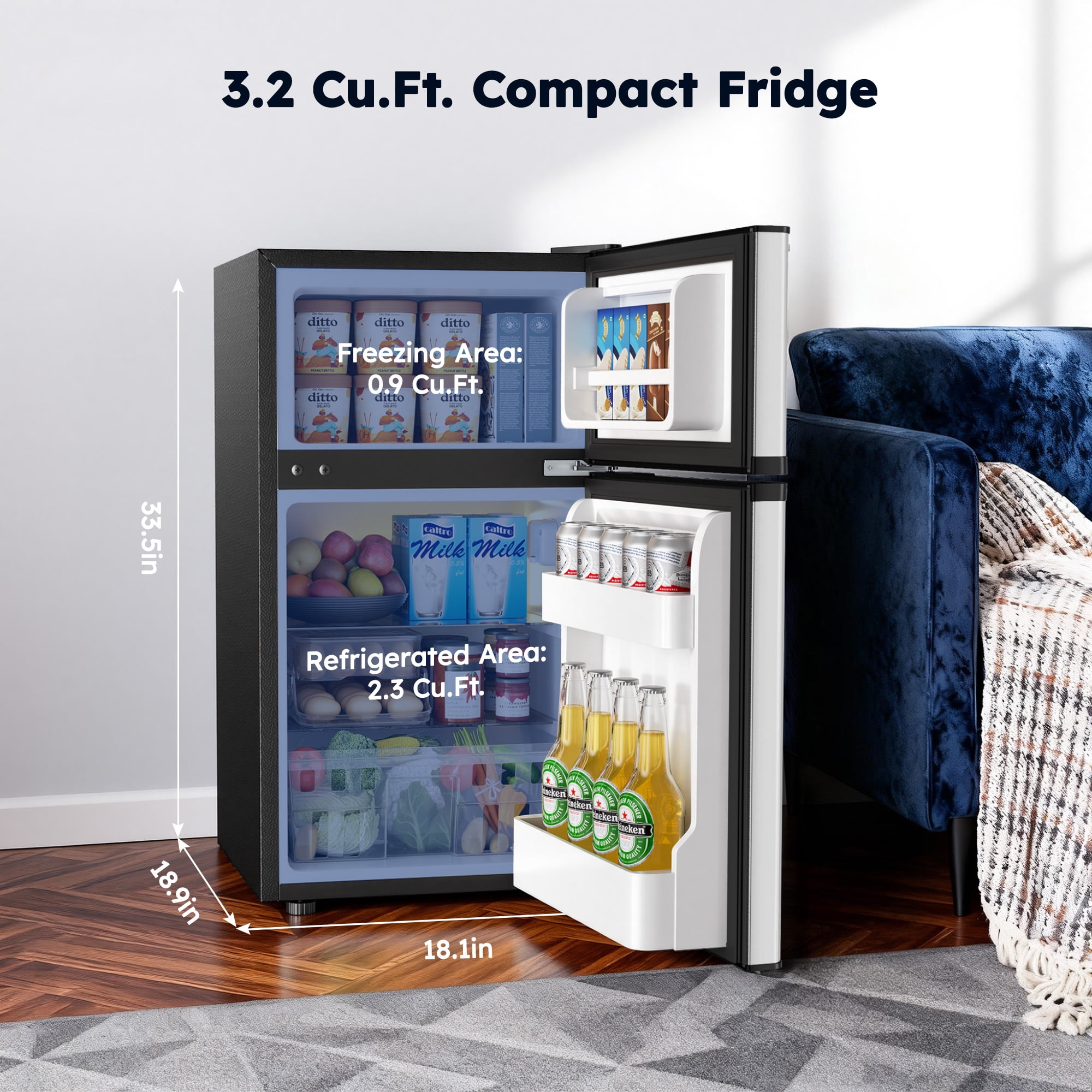 Simzlife 3.2 Cu ft Mini Refrigerator with Freezer, Two Door Compact Small Fridge Adjustable Removable Shelves, Sliver