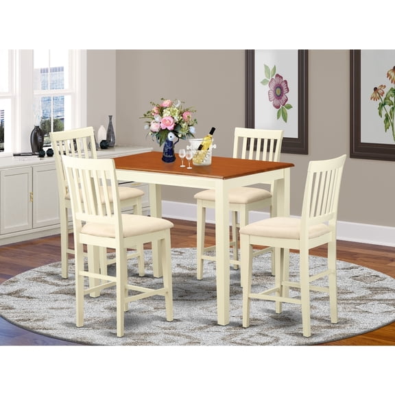 Counter Height Dining Set - 5 Piece Table & Chairs - Linen Upholstered Kitchen Set - Buttermilk & Cherry Finish