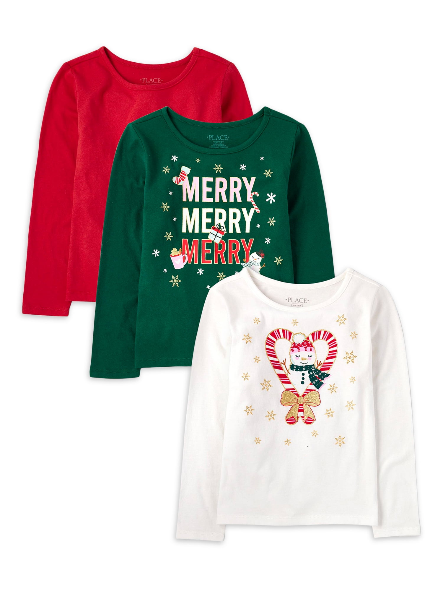 The Children's Place Girls Christmas Graphic Long Sleeve HiLo Tops, 3