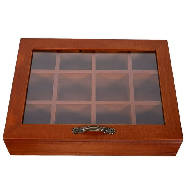 Estuche de madera con 12 rejillas para guardar bolsitas de té, sobres de azúcar, bolsitas de especias, cajas para café instantáneo con tapa transparente