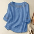 thumbnail image 2 of yueewhu Linen Shirts for Women Summer 2026 Retro Embroidered 3/4 Sleeve Boho Tops Dressy Casual Blouses Teacher Loose Tunics (Sky Blue, XL), 2 of 5