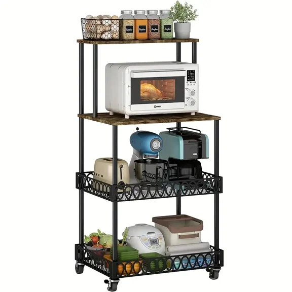 4-Tier Rustic Brown Kitchen Baker Rack with Wheels, Microwave Stand and Coffee Bar Station, Freestanding Storage Shelf for Pots, Pans, and Spices
