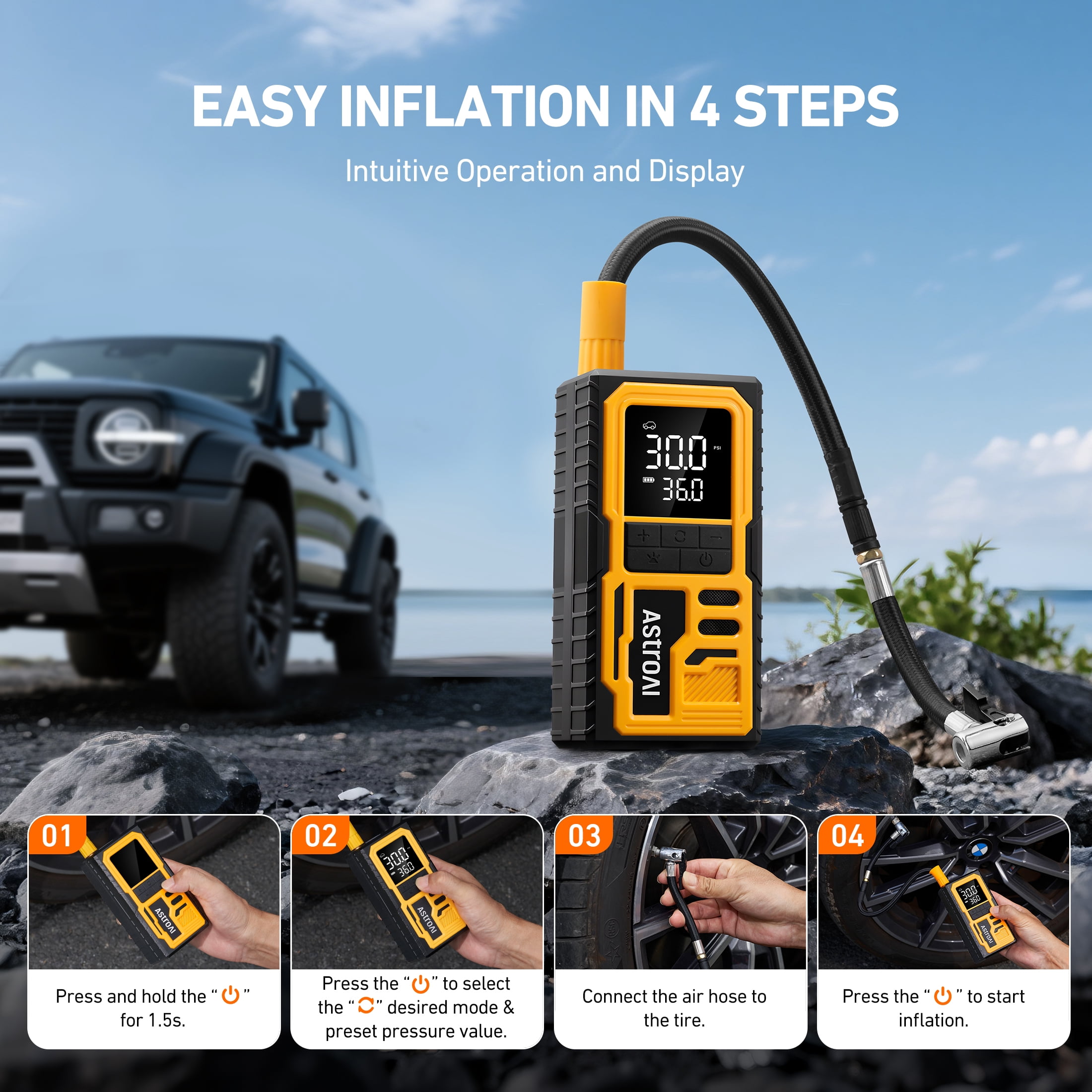 AstroAI Cordless Tire Inflator Portable Air Compressor, Air Pump for Car Tires, Bicycle, Motorcycle, 150PSI Rechargeable Compact Bike Tire Pump with LED Light & Digital Pressure Gauge, Gift for Dad