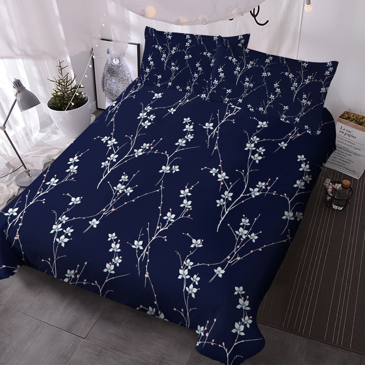 Blessliving Dark Blue Floral Duvet Cover Queen, 3pcs Soft and