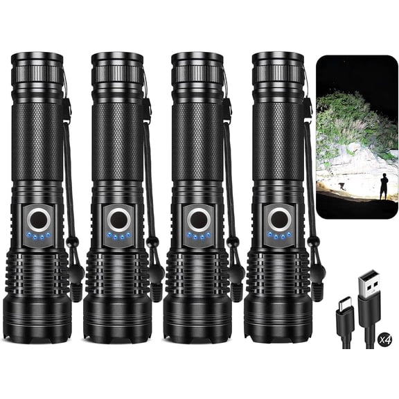 Flashlight Rechargeable 4 Packs, 99,000LM Super Bright High Lumens Flash Light, 5 Modes Adjustable Linternas, Powerful Handheld LED Flashlights for Home Camping