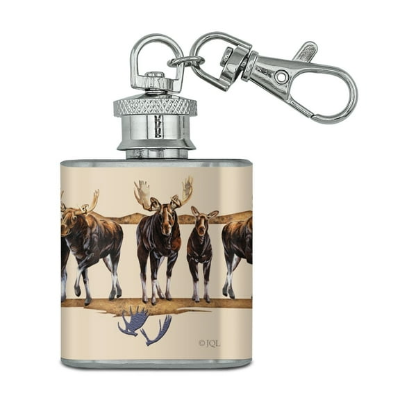 Moose in a Row Stainless Steel 1oz Mini Flask Key Chain