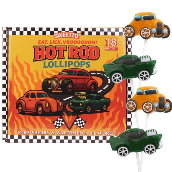 Hot Rod Lollipops, Old Fashioned Car Decorated Suckers, Party Favor Candy, 18 Count, 7.62 Ounce Box