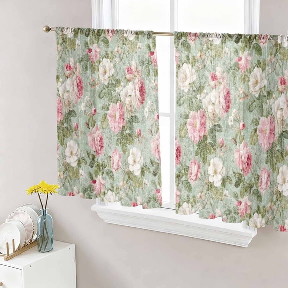 Sheer Curtains 54 Inch Length 2 Panels Set for Kitchen, White Pink Flower Semi Sheer Curtains for Windows, Shabby Chic Spring Vintage Leaf Green Voile Window Treatments Rod Pocket Curtain