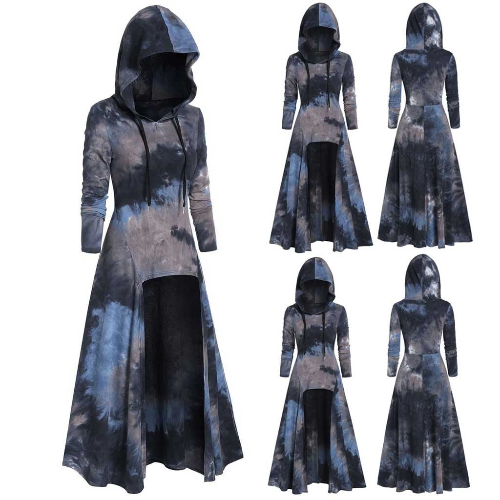 Womens Hooded Plus Size Vintage Cloak High Low Dress Blouse Tops 