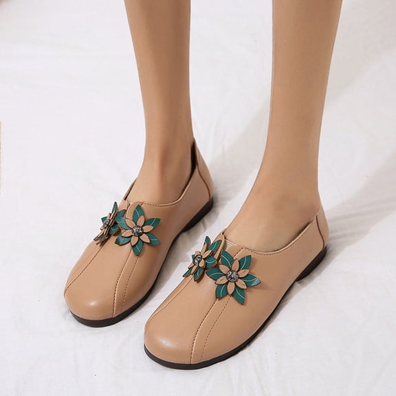Tuobarr Womens Dress Shoes Women's Fashion Casual Loafers Comfortable Outdoor Flower Low-heeled Shoes Khaki US Size 4.5