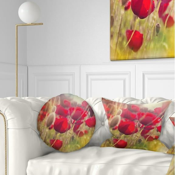 Designart Poppy Flowers Meadow in Sunlight - Flower Throw Pillow - 12x20