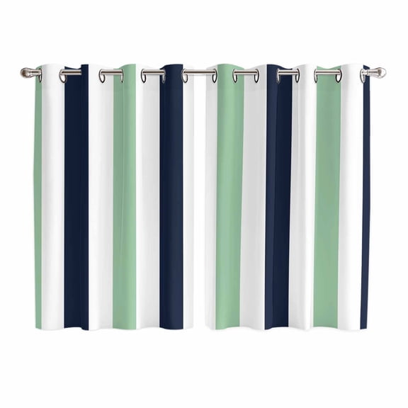 Light Green Navy Blue Striped Kitchen Curtains 72 Inch Length, Farmhouse Stripe Art Grommet Top Bedroom Living Room Curtains, Light Filtering Cafe Curtain Drapes 2 Panels Set 104''x72''