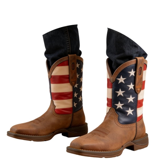 Win s Way Men’s 250th Anniversary Square Toe Mid-Calf Boots Western Cowboy Style Low Heel Ankle Boots American Independence Day Casual Outdoor Riding Boots
