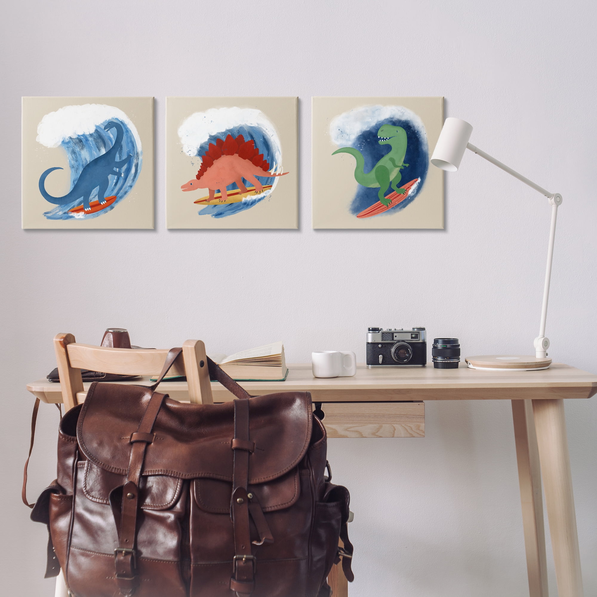 Stupell Industries Dinos Surfing Beach Waves Animals Painting Wrapped Canvas Art Print Wall Art, 17 x 17, Set of 3