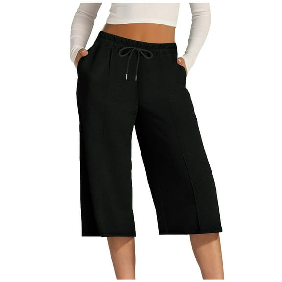 NTACZA Solid Loose Pants for Women Clearances Wide-Leg Black Joggers Elastic High Waist Capris Pants for Teens L