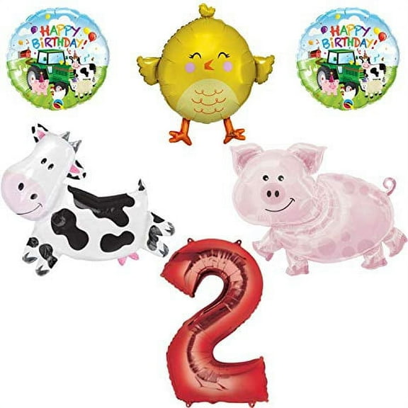 Barnyard Farm Animals 2nd Birthday Big Balloon Bundle, for 2 Year Old, Cow, Pig, Chick