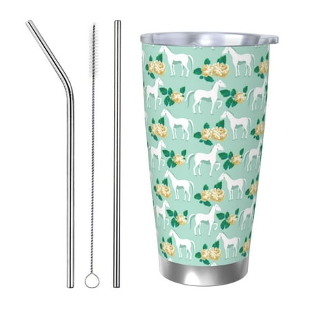 

KLL Horse And Flower Print 40oz Stainless Steel Insulated Car Cup with Spillproof Lid - Keep Your Drink Hot or Cold on the Go-Straw Three-piece Set
