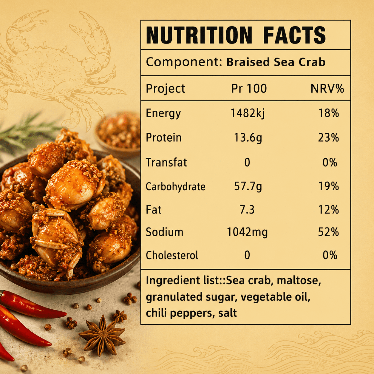 Braised Sea Crab Spicy Savory Crispy Crab Snack Ready to Eat Seafood Snack 50g 6Pack for Travel Parties and Daily Snacking