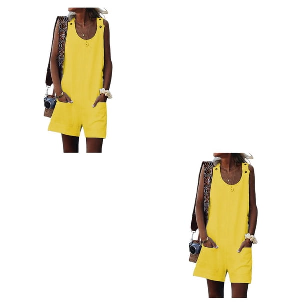 Qarigey Mujeres Cuello Sin Mangas Mono General Estilo Casual Bolsillos Delanteros Mono Mameluco Camping Viajar Amarillo M Amarillo M 2piezas