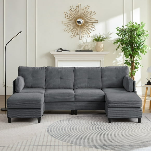 ZAFLY Sofas Canapé Sectionnel en U, Sectionnels Modulaires 6 Places avec Ottoman Amovible, Canapés et en Velours Côtelé pour Salon, Gris Foncé