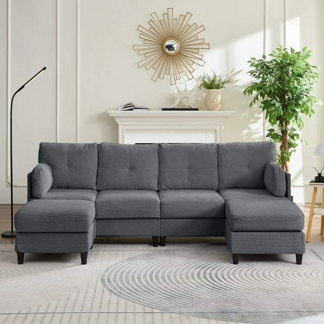 ZAFLY U Shaped Sectional Sofa, 6-Seats Modular Sectionals with Removable Ottoman, Corduroy Couches and Sofas for Living Room, Dark Gray